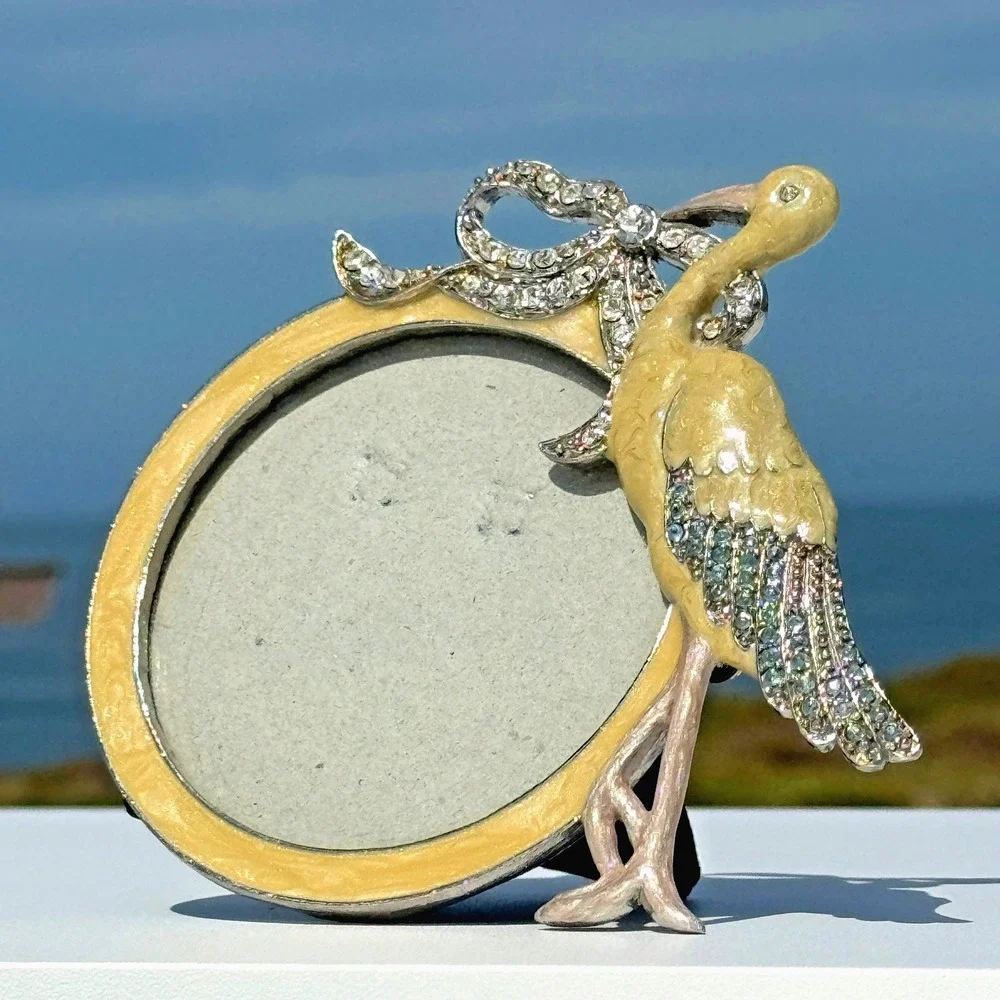 Mother's Day Vintage Jeweled Crane Picture Frame Enamel Rhinestone Tabletop Bird